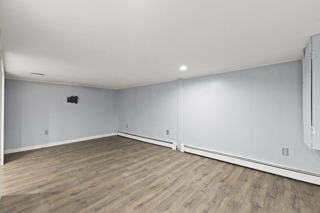 unfurnished room with hardwood / wood-style flooring and baseboard heating