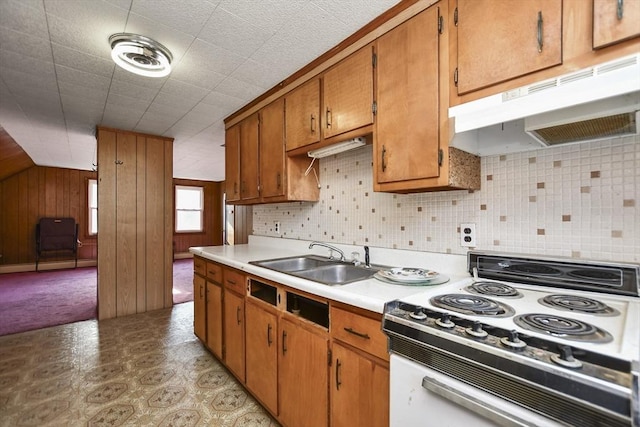 kitchen with white electric range oven, wooden walls, and sink