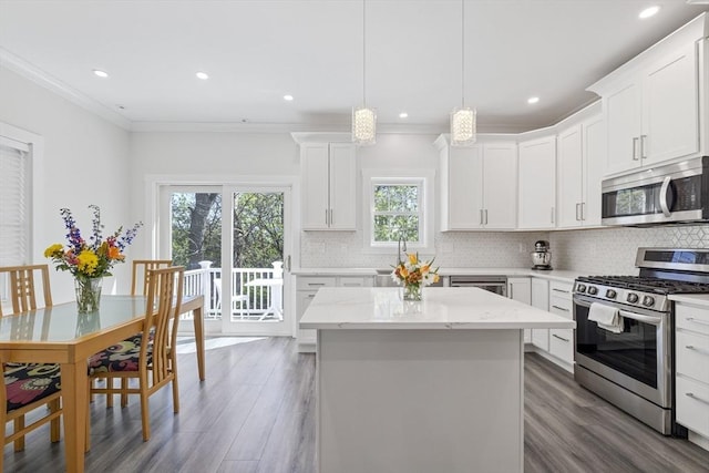 kitchen featuring appliances with stainless steel finishes, tasteful backsplash, and wood finished floors
