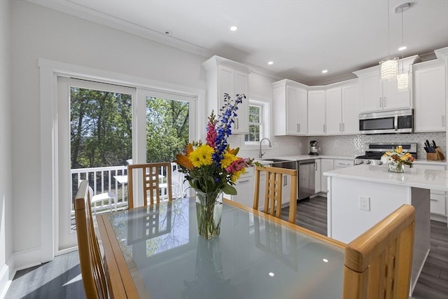 kitchen with backsplash, stainless steel appliances, dark wood-style flooring, and light countertops