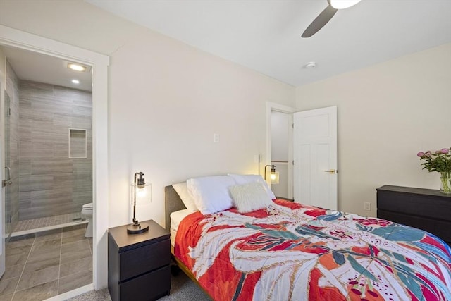 bedroom with recessed lighting, connected bathroom, and ceiling fan