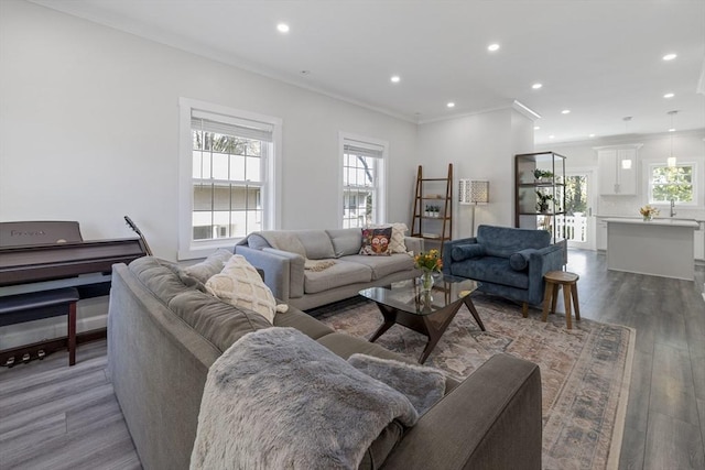 living room featuring crown molding, recessed lighting, and wood finished floors