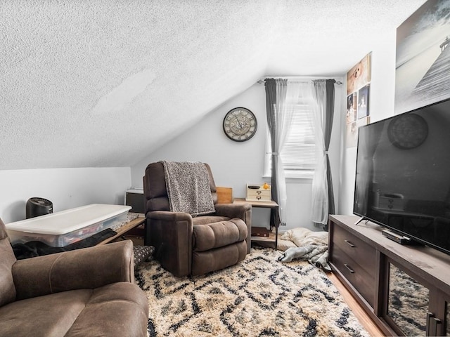 living area with wood finished floors, a textured ceiling, and lofted ceiling