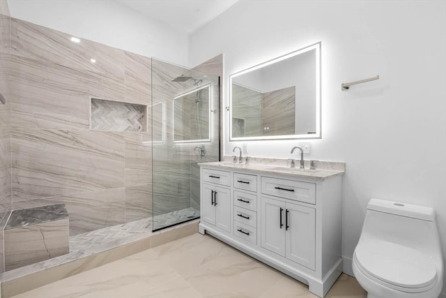 1442 Washington St, Canton, MA 02021 - full bath featuring walk in shower, double vanity, toilet, and marble look tile flooring