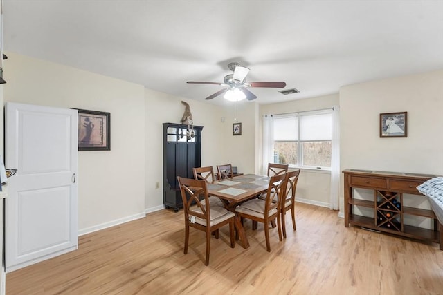 dining area with ceiling fan and light wood-type flooring