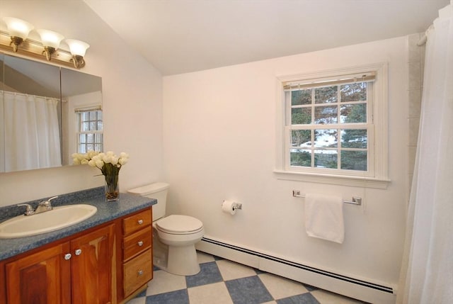 full bath with tile patterned floors, toilet, a shower with curtain, a baseboard heating unit, and vanity