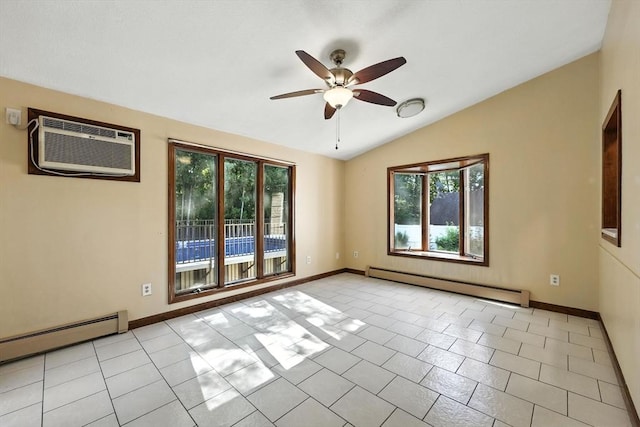 51 Glenview Dr, West Springfield, MA 01089 - unfurnished room with a baseboard radiator, an AC wall unit, lofted ceiling, ceiling fan, and light tile patterned flooring