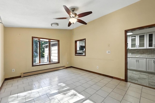 51 Glenview Dr, West Springfield, MA 01089 - unfurnished room featuring baseboard heating, ceiling fan, light tile patterned flooring, and lofted ceiling