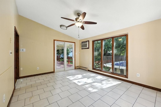 51 Glenview Dr, West Springfield, MA 01089 - empty room with baseboard heating, lofted ceiling, ceiling fan, light tile patterned floors, and a wall mounted air conditioner