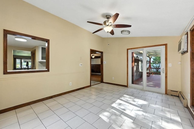 51 Glenview Dr, West Springfield, MA 01089 - spare room with baseboard heating, vaulted ceiling, a ceiling fan, a wall mounted air conditioner, and light tile patterned flooring