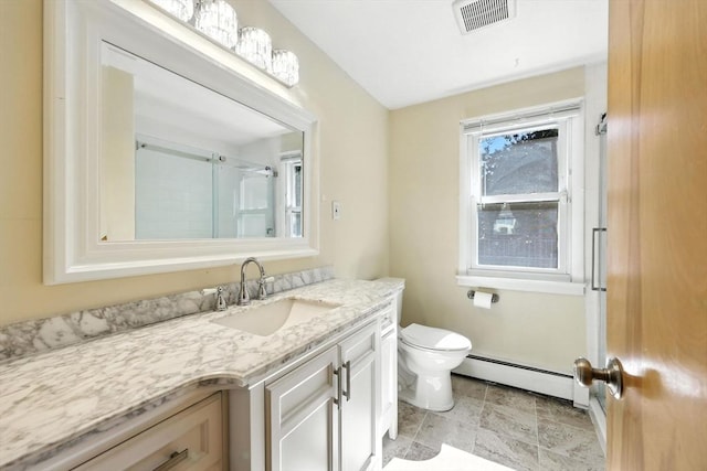 51 Glenview Dr, West Springfield, MA 01089 - bathroom featuring baseboard heating, vanity, and a shower with shower door