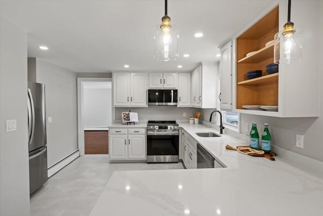 42 Stevens Ave, Braintree, MA 02184 - kitchen featuring appliances with stainless steel finishes, baseboard heating, open shelves, white cabinetry, and recessed lighting