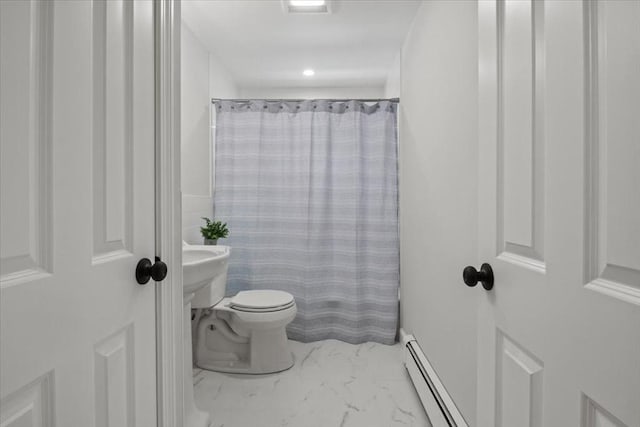 42 Stevens Ave, Braintree, MA 02184 - full bathroom featuring a baseboard heating unit, marble look tiles, and a shower with curtain