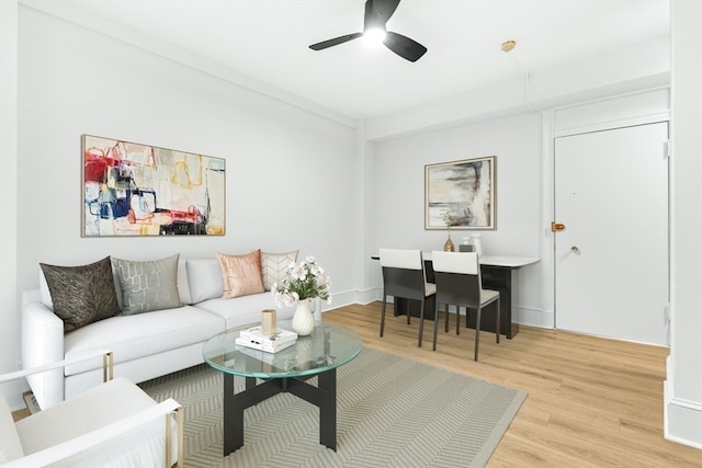 living room featuring ceiling fan and light hardwood / wood-style flooring