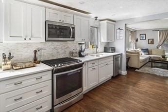 kitchen with white cabinets, a sink, stainless steel appliances, and light countertops