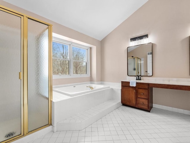 full bath featuring vaulted ceiling, a garden tub, vanity, and a shower stall