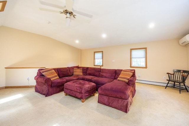 165 Roundtop Rd, Marlborough, MA 01752 - living room with carpet, a wall mounted air conditioner, lofted ceiling, baseboard heating, and baseboards
