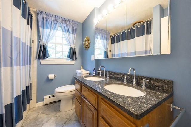 165 Roundtop Rd, Marlborough, MA 01752 - full bath featuring baseboard heating, double vanity, toilet, baseboards, and curtained shower