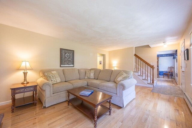 165 Roundtop Rd, Marlborough, MA 01752 - living area featuring light wood-type flooring, stairs, baseboards, and baseboard heating