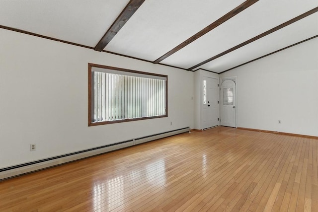 58 Daniel Shays Hwy, Pelham, MA 01007 - empty room with baseboards, a baseboard heating unit, vaulted ceiling with beams, and light wood-style flooring