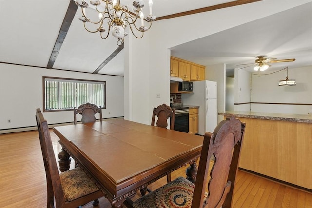 58 Daniel Shays Hwy, Pelham, MA 01007 - dining space with vaulted ceiling with beams, ceiling fan with notable chandelier, and light wood-type flooring
