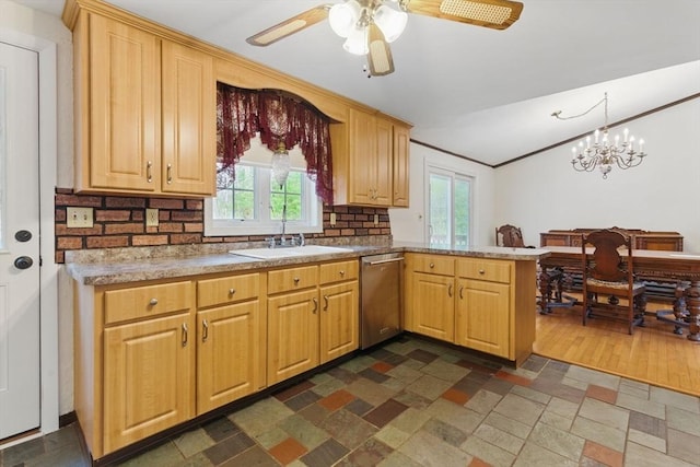 58 Daniel Shays Hwy, Pelham, MA 01007 - kitchen featuring a sink, a wealth of natural light, ceiling fan with notable chandelier, and dishwasher