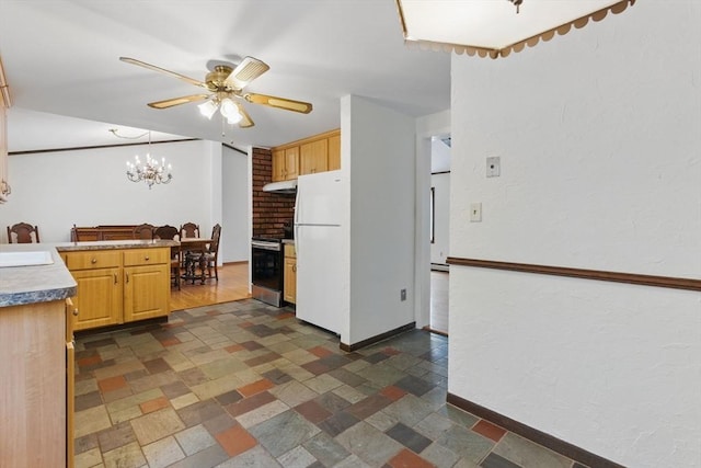 58 Daniel Shays Hwy, Pelham, MA 01007 - kitchen featuring stone tile flooring, freestanding refrigerator, electric range, baseboards, and ceiling fan with notable chandelier