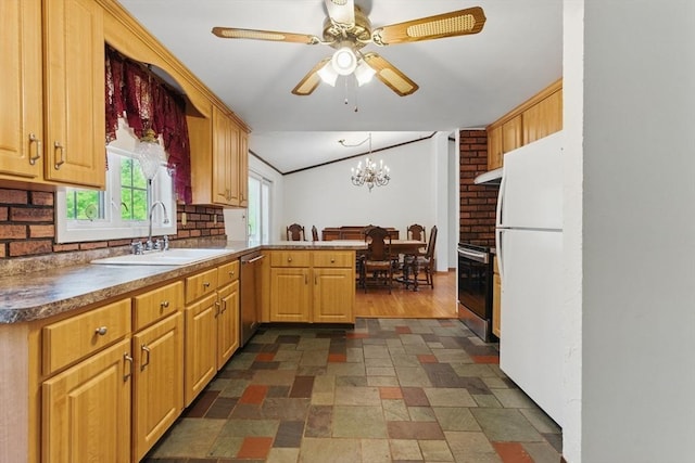 58 Daniel Shays Hwy, Pelham, MA 01007 - kitchen featuring decorative backsplash, a sink, ceiling fan with notable chandelier, a peninsula, and stainless steel appliances