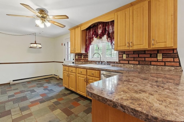 58 Daniel Shays Hwy, Pelham, MA 01007 - kitchen with a ceiling fan, dark countertops, dishwasher, a sink, and a baseboard heating unit