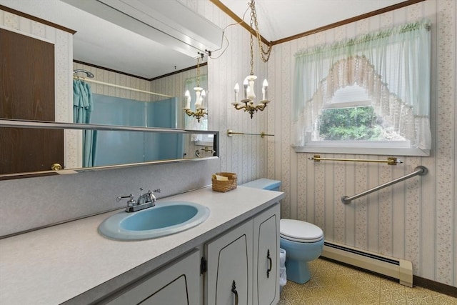 58 Daniel Shays Hwy, Pelham, MA 01007 - full bathroom featuring crown molding, vanity, toilet, wallpapered walls, and a baseboard heating unit