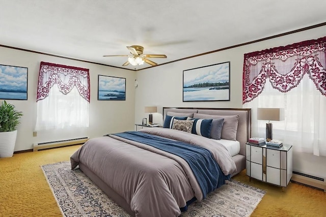 58 Daniel Shays Hwy, Pelham, MA 01007 - carpeted bedroom with baseboards, ornamental molding, a ceiling fan, and a baseboard heating unit