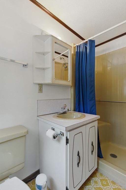 58 Daniel Shays Hwy, Pelham, MA 01007 - full bathroom featuring vanity, tile patterned floors, toilet, and a shower stall