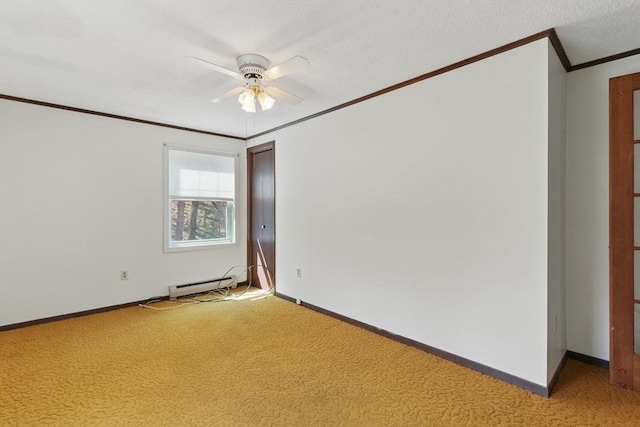 58 Daniel Shays Hwy, Pelham, MA 01007 - spare room with ceiling fan, baseboard heating, baseboards, ornamental molding, and light carpet