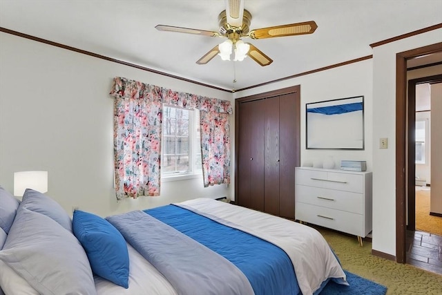 58 Daniel Shays Hwy, Pelham, MA 01007 - carpeted bedroom featuring a ceiling fan, baseboards, ornamental molding, and a closet