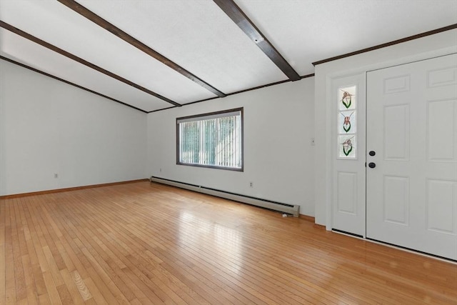 58 Daniel Shays Hwy, Pelham, MA 01007 - foyer with baseboards, a baseboard radiator, lofted ceiling with beams, and light wood finished floors