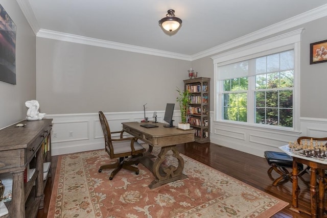 1 Clearview Dr, Franklin, MA 02038 - office area featuring wood finished floors, ornamental molding, a wainscoted wall, and a decorative wall