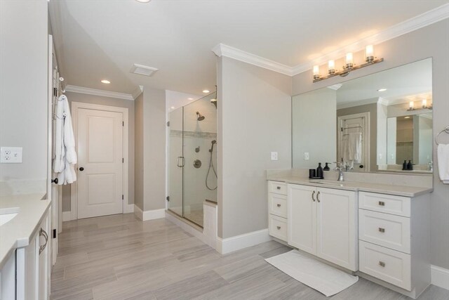 1 Clearview Dr, Franklin, MA 02038 - bathroom featuring ornamental molding, a shower stall, vanity, baseboards, and recessed lighting