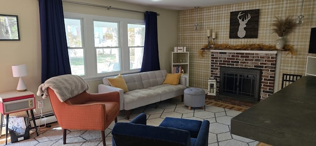 living room featuring a fireplace and a healthy amount of sunlight