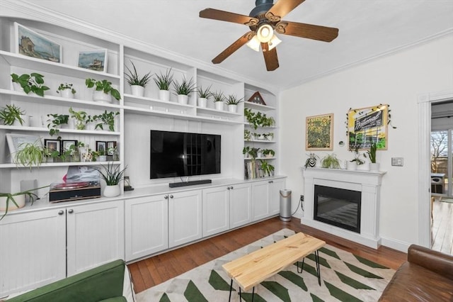 381 Bunker Hill St Unit 1, Boston, MA 02129 - living area with wood finished floors, a glass covered fireplace, ornamental molding, ceiling fan, and built in shelves