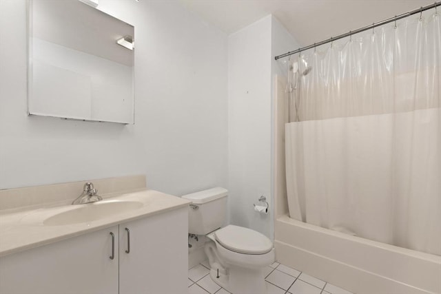 full bathroom featuring toilet, vanity, shower / bath combination with curtain, and tile patterned floors