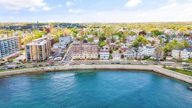 aerial view featuring a water view and a view of city