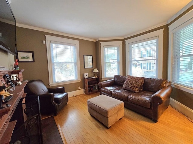 living area with light wood finished floors, ornamental molding, and baseboards