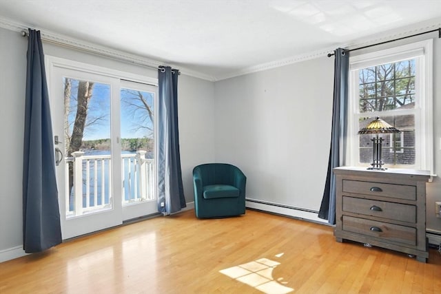 unfurnished room featuring a baseboard heating unit, light wood-style flooring, and a healthy amount of sunlight