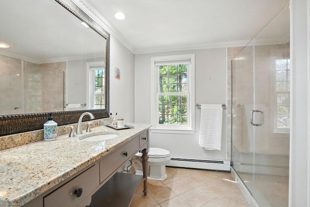 bathroom featuring a baseboard heating unit, toilet, tile patterned flooring, a shower stall, and ornamental molding