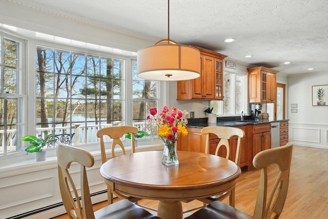 dining space with a baseboard radiator, a wealth of natural light, a textured ceiling, and light wood finished floors