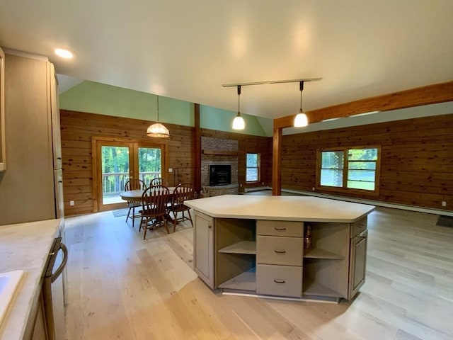 186 Hoosac Rd, Conway, MA 01341 - kitchen featuring open shelves, wooden walls, light wood-type flooring, and healthy amount of natural light