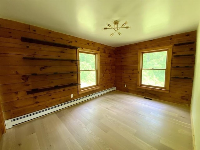 186 Hoosac Rd, Conway, MA 01341 - unfurnished room with a baseboard heating unit, light wood-type flooring, and wood walls