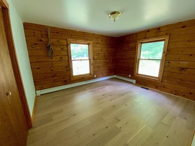 186 Hoosac Rd, Conway, MA 01341 - unfurnished room with light wood-style flooring, a baseboard radiator, and wood walls