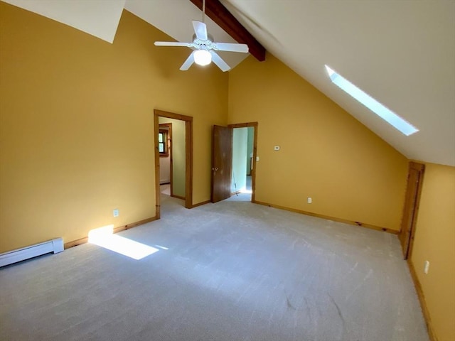 186 Hoosac Rd, Conway, MA 01341 - additional living space with a skylight, beamed ceiling, light carpet, ceiling fan, and baseboard heating
