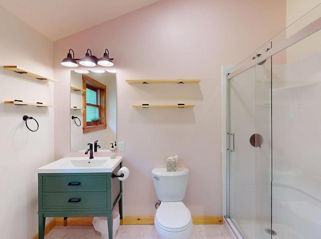 186 Hoosac Rd, Conway, MA 01341 - bathroom featuring toilet, a stall shower, vanity, and baseboards